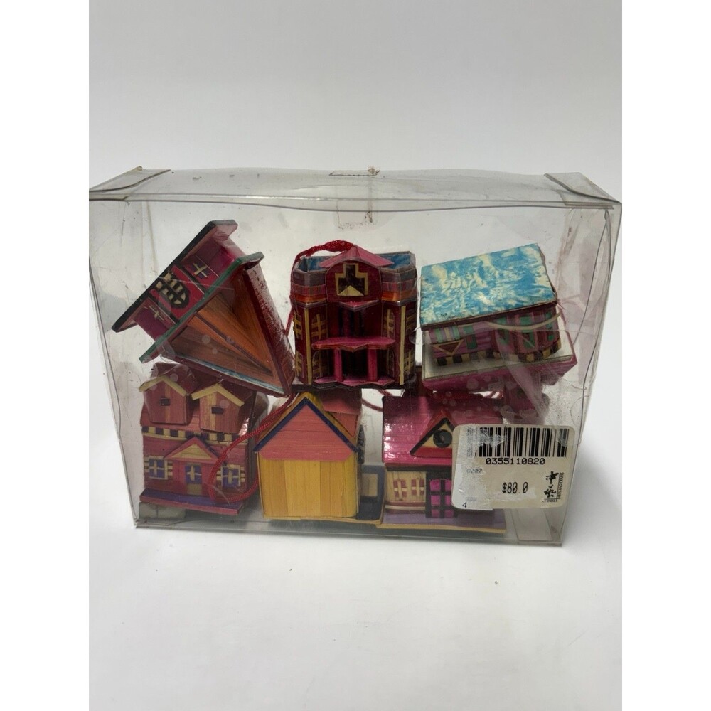 Vintage Wheat Straw Marquetry House Ornaments Set of 6 Miniature. MEOW REO?